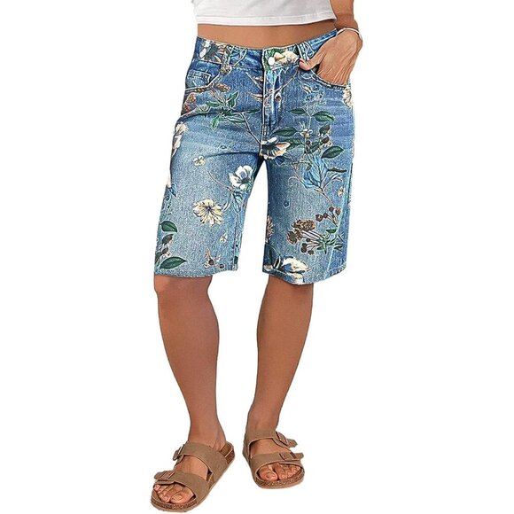 Pants - Women's High Waisted Floral Bermuda Shorts Denim Summer Casual Fit